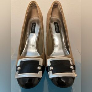 White House Black Market Tan and Black Heels with Silver Buckle